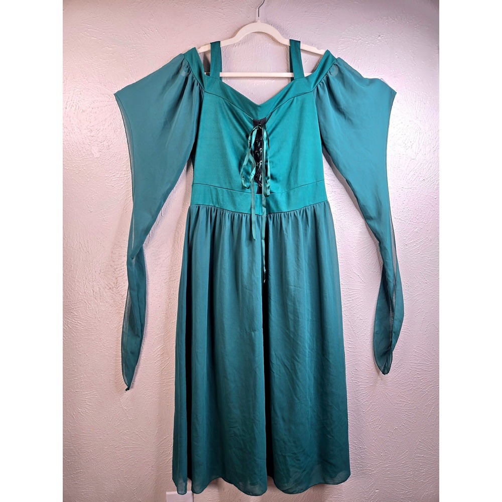 Renaissance Medieval Corset Dress 2XL Green Chiffon Angel Sleeve Fairy Cosplay